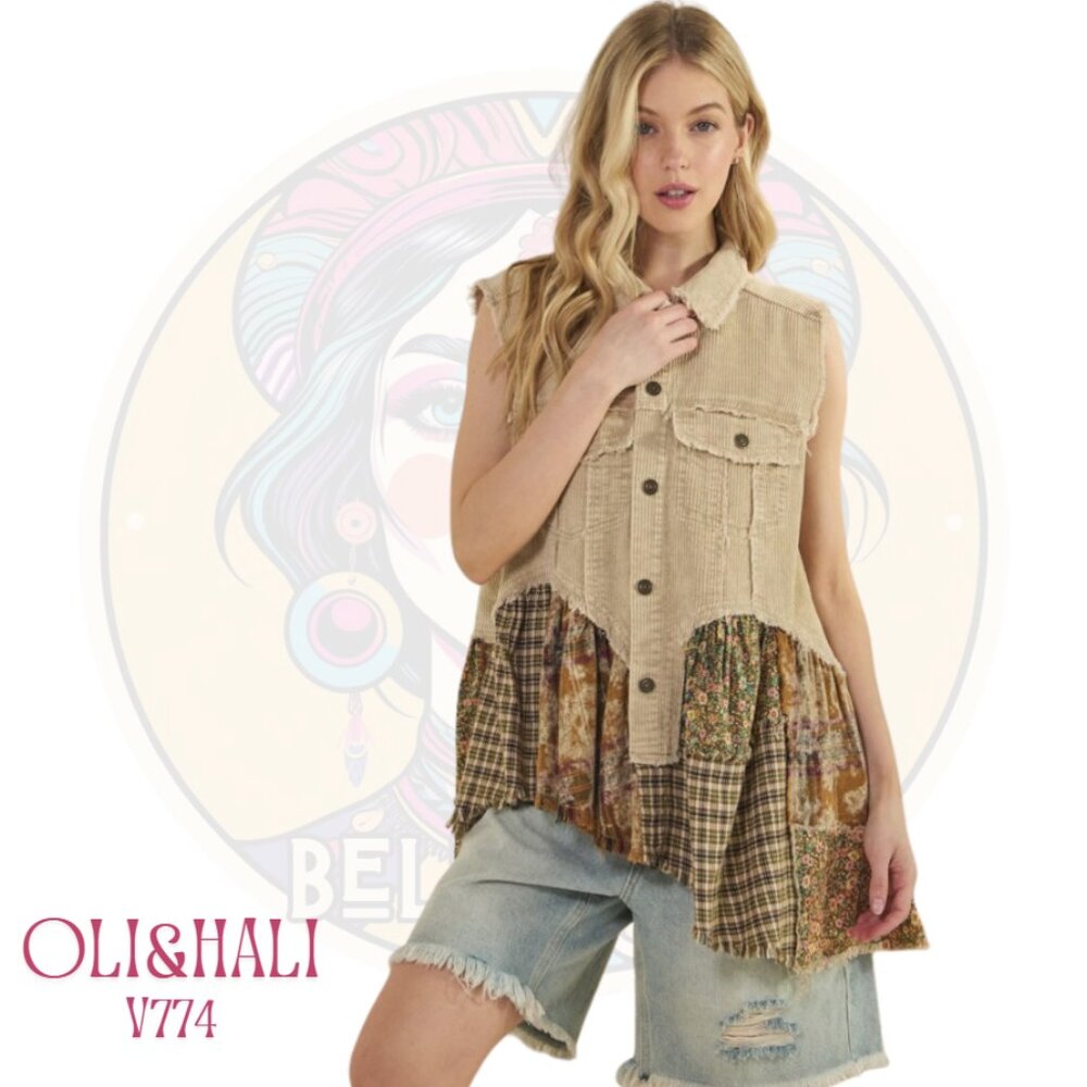 V774 OLI & HALI Tan Plaid Washed Cotton Corduroy Vest Top